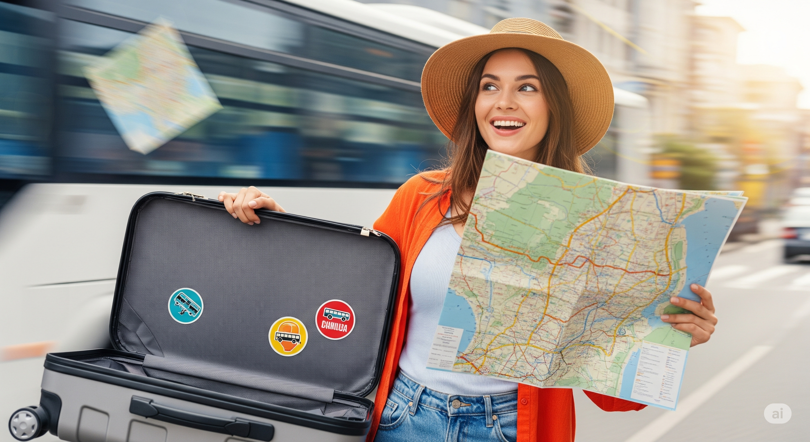 Ahorra en tus viajes con Autovías Familia feliz preparándose para un viaje en autobús